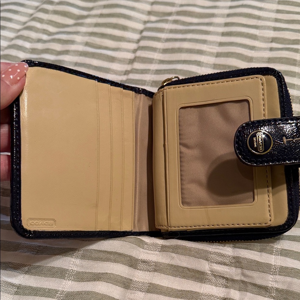 Coach Brown Signature Canvas Wallet with Navy Trim - Picture 2 of 4